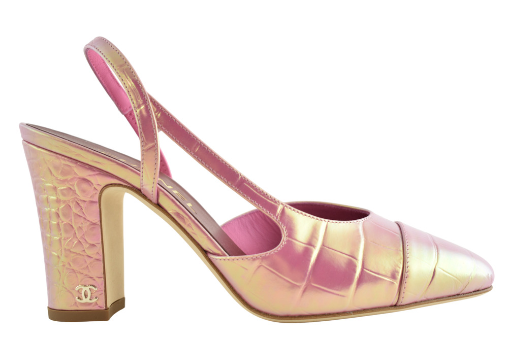 Chanel 26K Pink Iridescent Crocodile Croc Coco Slingback Block Heel Pump 39c